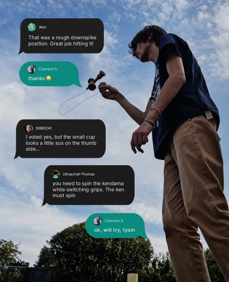 Kendama player mid-trick with chat messages from other players giving feedback