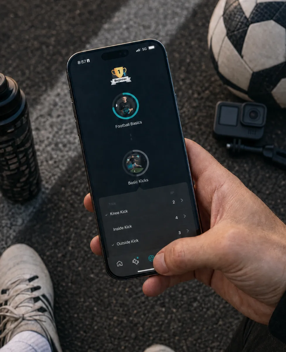SkillAddicts app showing the Football Basics trick ladder