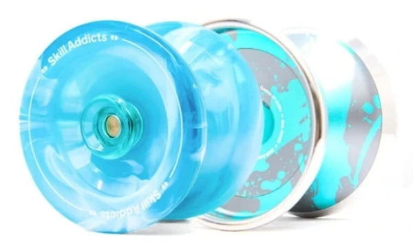 Teal marble Starter Yoyo beside a splash-pattern Pro Yoyo
