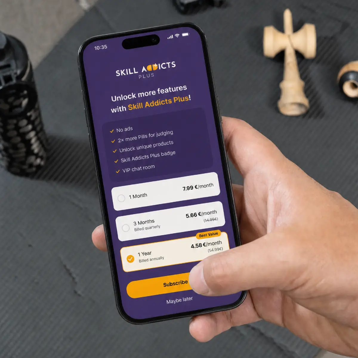Phone showing the SkillAddicts PLUS upgrade screen in the app