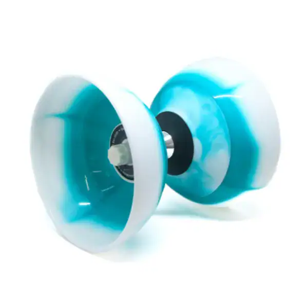 Ball Bearing Diabolo in teal and white, angled view