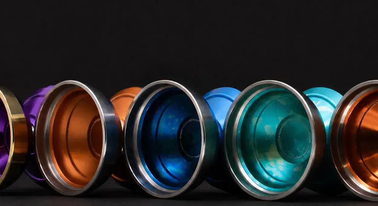 Row of Banger Yoyos in different colours, close-up of the rims