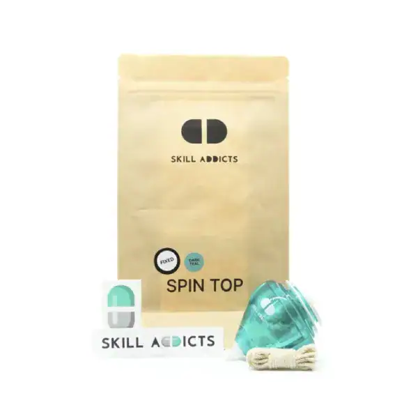 Classic Fixed Spin Top in teal with its kraft paper bag, string and stickers