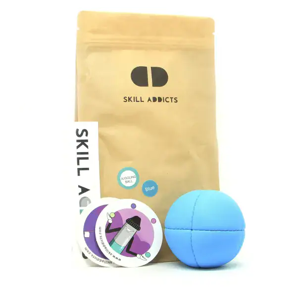 Infinity Juggling Ball in blue with its kraft paper bag and stickers