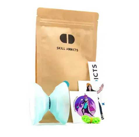 Offstring 4A Yoyo in teal with its kraft paper bag, string and stickers
