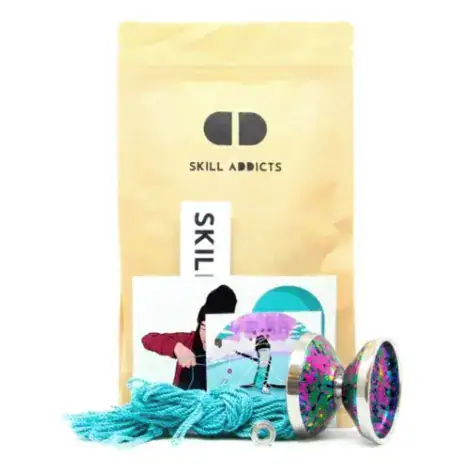 Pro Yoyo with its kraft paper bag, teal strings and stickers